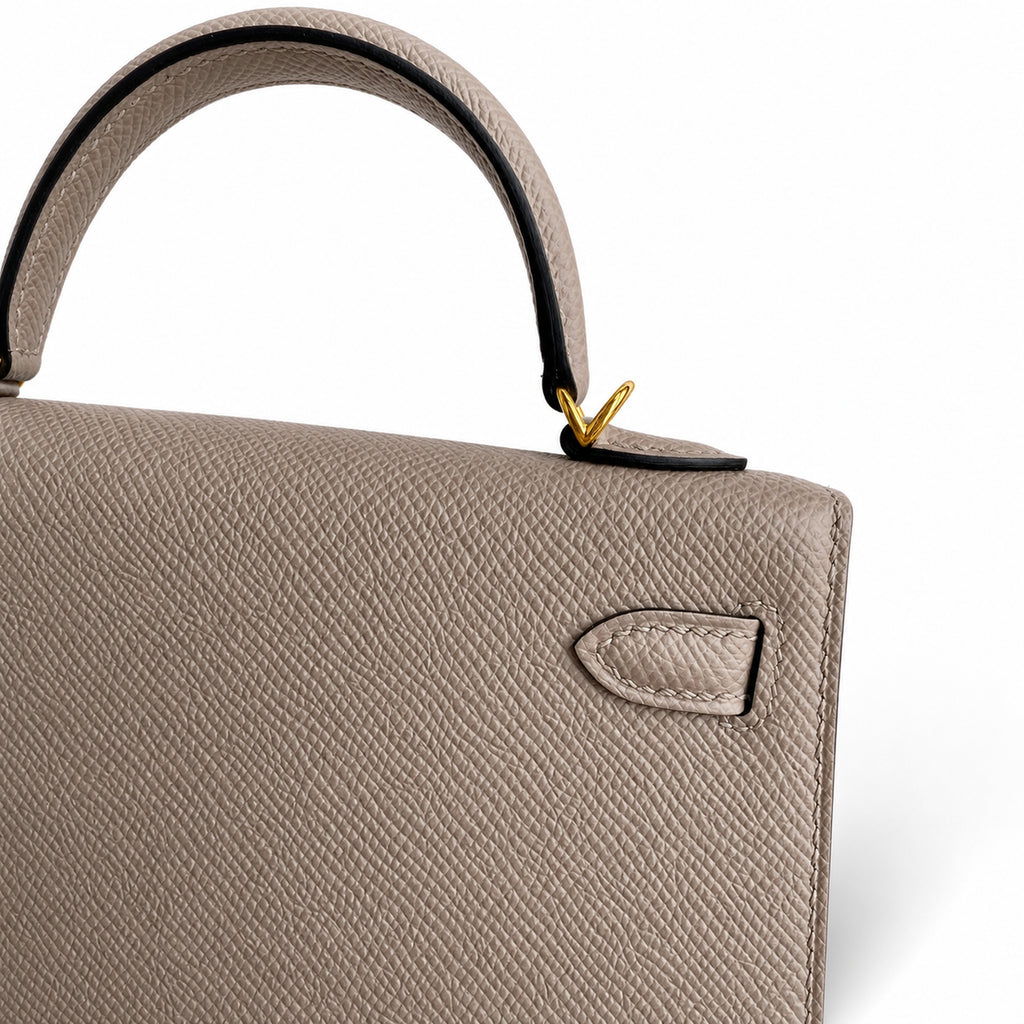 handmade Mini Kelly II 19cm imported Epsom Leather asphalt gray Gold Buckle — Small Structured Carry Style