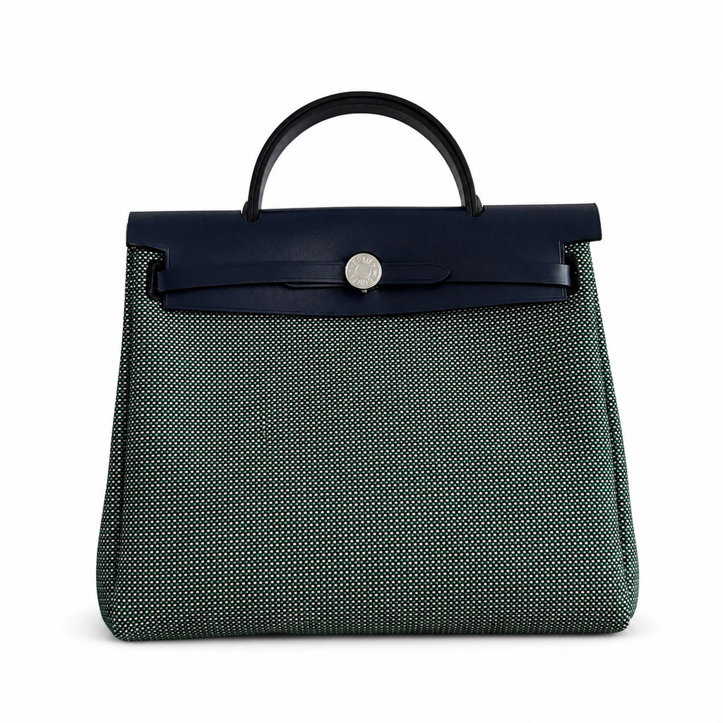 Herbag 31cm Saddle-Inspired Canvas Body with Leather Handle and Shoulder Strap — Elegant Canvas-and-Leather Hand-Carry Bag
