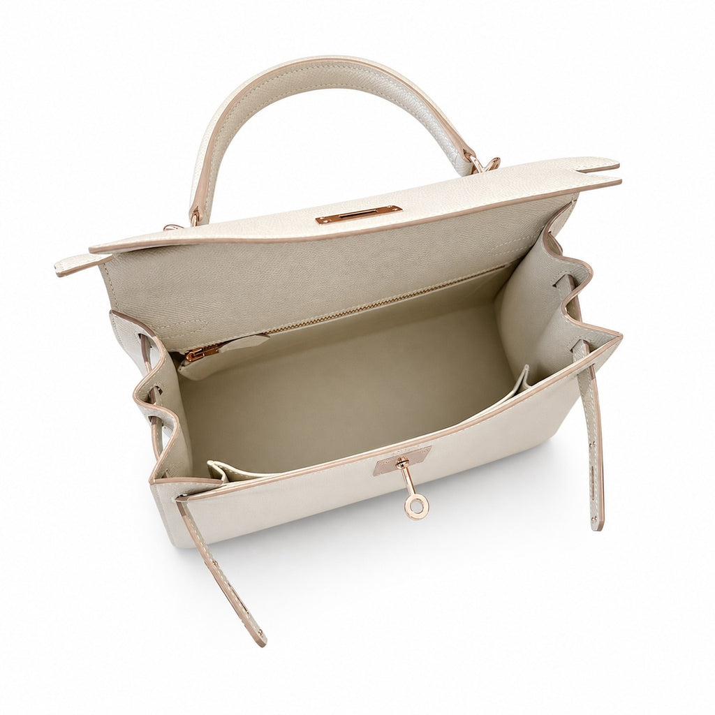 Kelly 28cm in Milkshake White Epsom Leather with Rose Gold Buckle Handmade — Elegant Structured Carry Style
