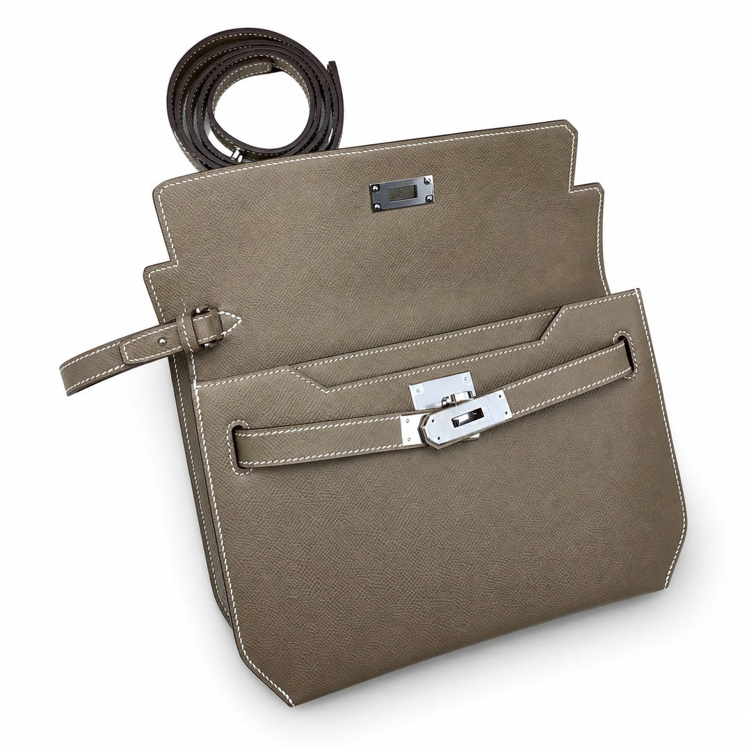 Kelly Depeches 25cm Epsom Leather, 18 Elephant Gray, Silver Buckle — Structured Hand-Carry Clutch