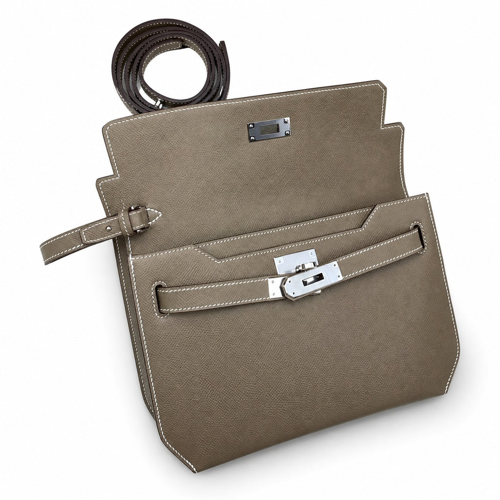Kelly Depeches 25cm Epsom Leather, 18 Elephant Gray, Silver Buckle — Polished Convertible Bag