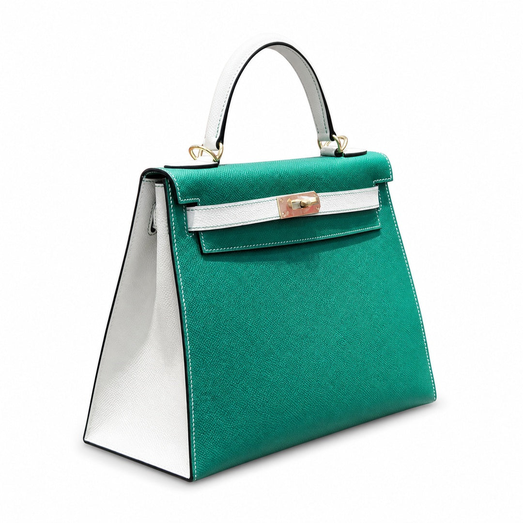 Kelly 28cm Epsom Leather U4 Vert Vertigo Velvet Green with 10 Craie Milkshake White top handcraft — Structured Top-Handle Handbag
