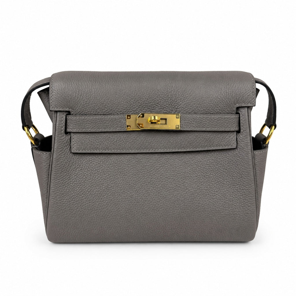 Kelly Messenger messenger bag for men and women, pewter gray Gold Buckle, imported leather, all-steel hand-waxed thread, the highest cost — Timeless Top-Handle Design