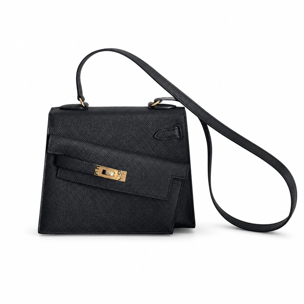 Kelly Double-Sided Epsom Leather in Black with Gold Buckle — Refined Reversible Carry Design