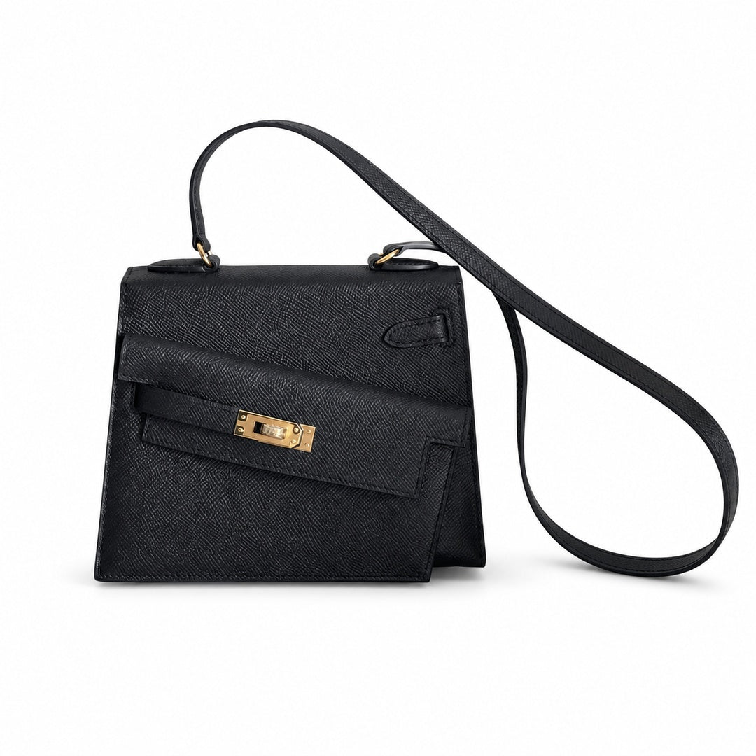 Kelly Double-Sided Epsom Leather in Black with Gold Buckle — Refined Reversible Carry Design