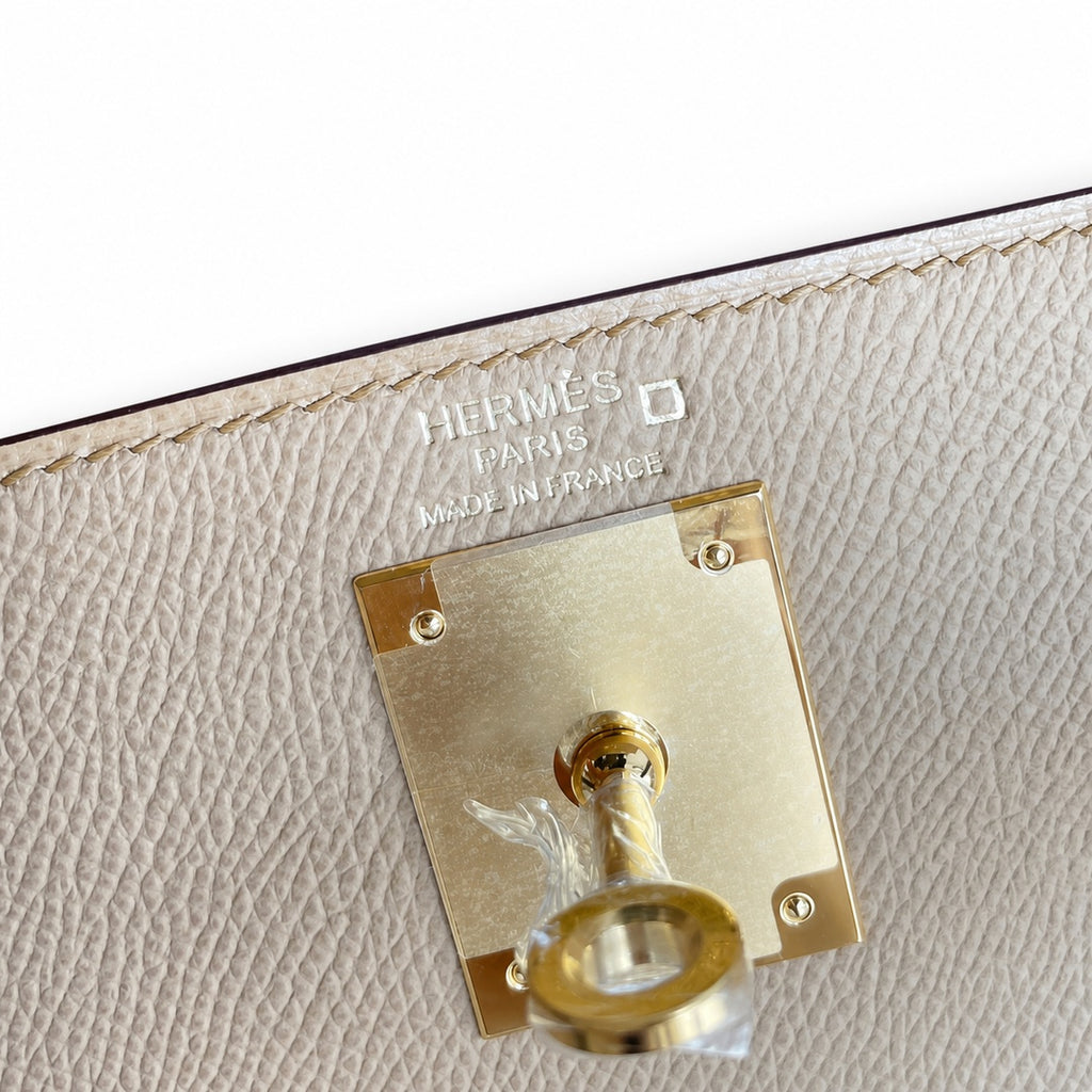Kelly 28 Milk tea color with honey brown, Epsom with American color, Gold Buckle, hand sewing — Elegant Structured Carry Style