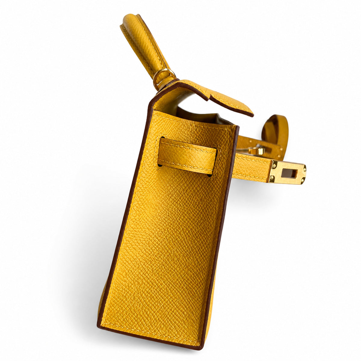 handmade Mini Kelly II 19cm imported Epsom Leather amber yellow Gold Buckle — Distinctive Petite Bag