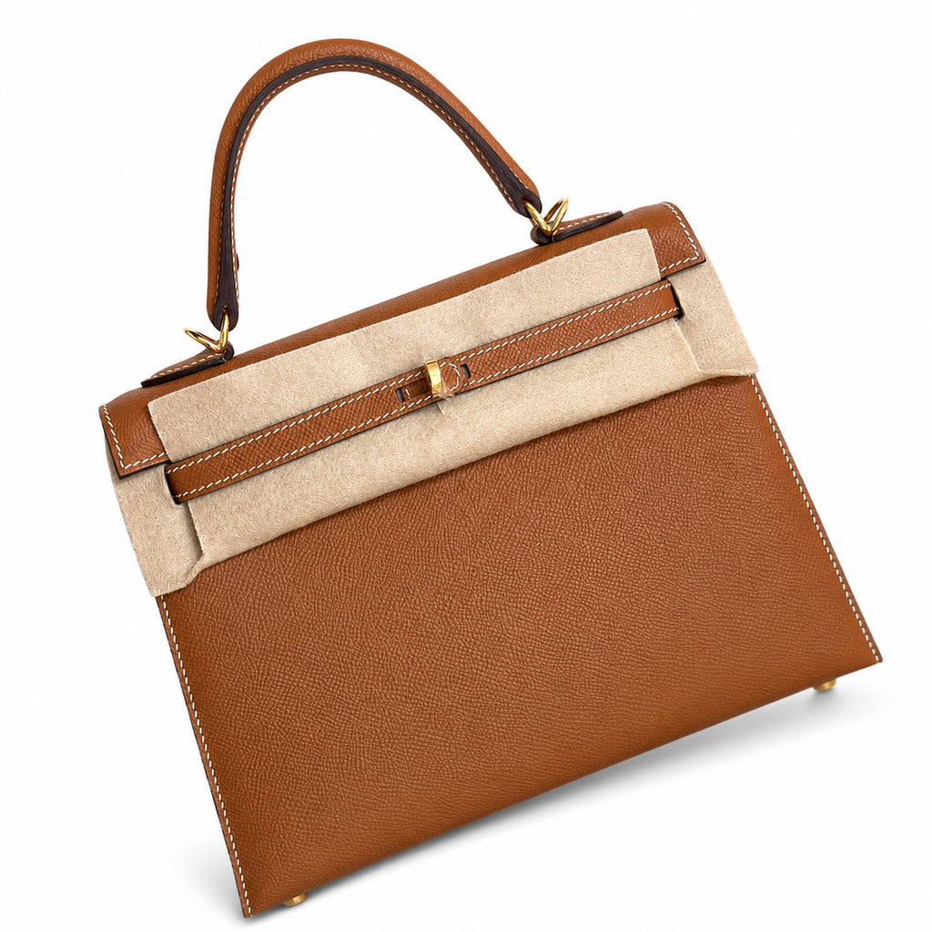 Golden Brown, Gold and Silver buckles, Kelly 25, imported Epsom — Polished Structured Handbag