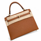 Golden Brown, Gold and Silver buckles, Kelly 25, imported Epsom — Polished Structured Handbag