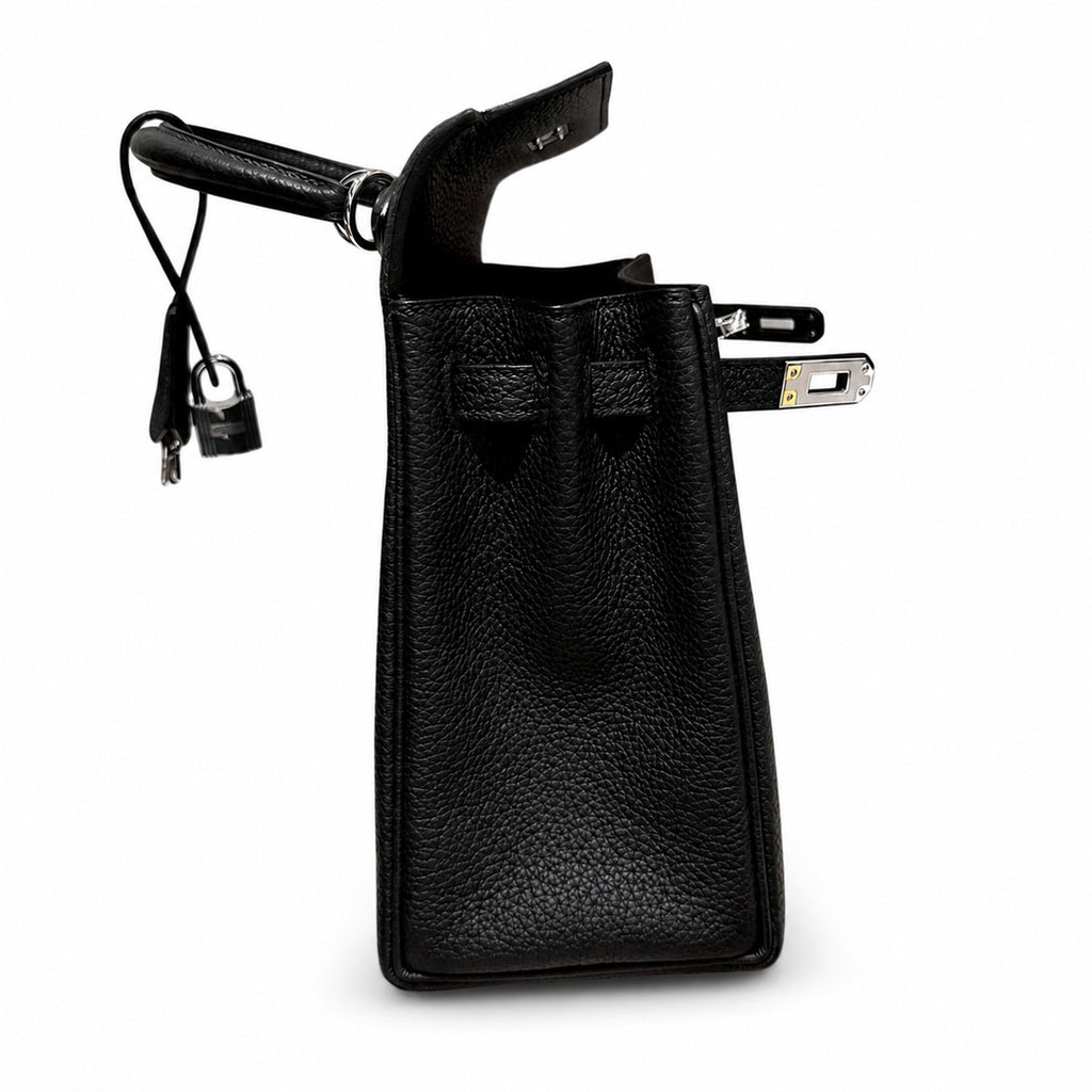 Kelly 25cm in Black Togo Leather with Silver Buckle Handmade — Streamlined Top-Handle Handbag