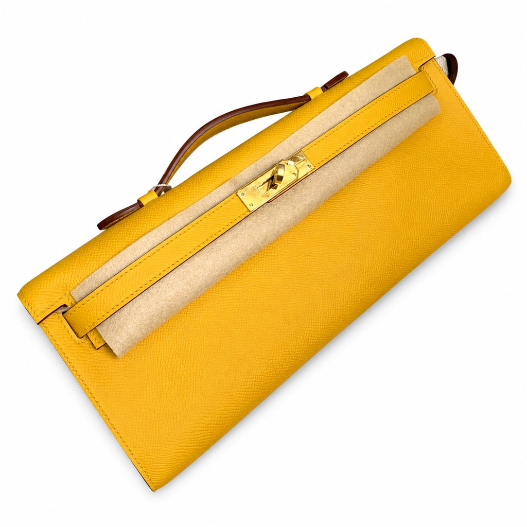 Slim Evening Clutch: Kelly cut clutch, evening bag, Epsom Leather, wax thread hand-sewing, amber yellow, Gold Buckle
