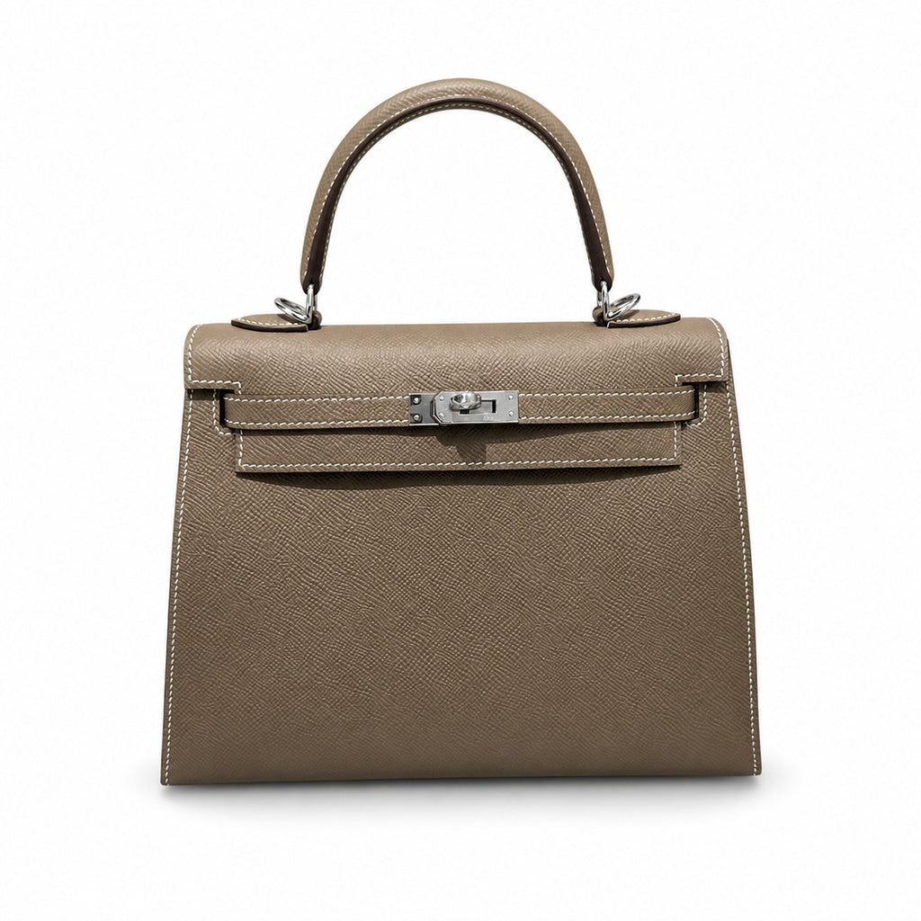 Distinctive Hand-Carry Bag: Kelly 25cm in Elephant Gray Epsom Leather with Silver Buckle Handmade