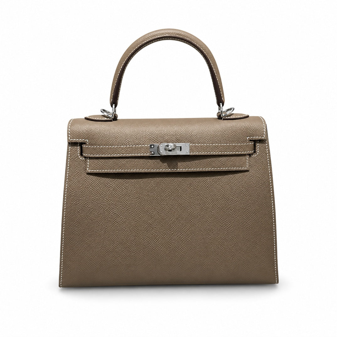 Distinctive Hand-Carry Bag: Kelly 25cm in Elephant Gray Epsom Leather with Silver Buckle Handmade