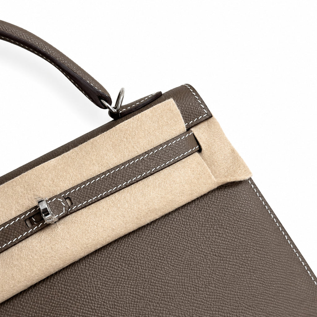 Elephant Gray, Gold and Silver buckles, Kelly 25, imported Epsom — Structured Top-Handle Handbag