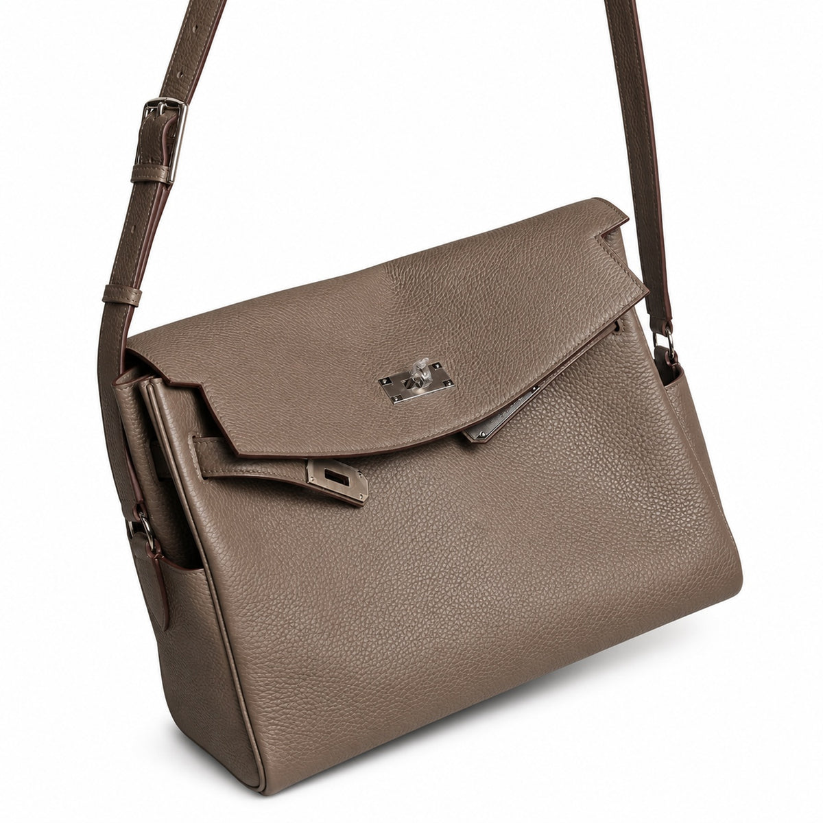Kelly Messenger messenger bag, large size, pewter gray Togo Leather, Pre-order Togo calfskin messenger bag. - Flap with swivel hardware - Large — Polished Structured Handbag