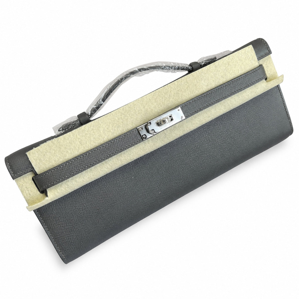 Sophisticated Evening Clutch: Kelly Cut 31 Clutch Epsom Leather Pewter Gray