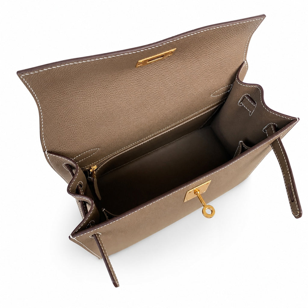 Kelly 28cm Gold Buckle (Gold) Epsom 18 Elephant Gray Etoupe handmade — Classic Hand-Carry Silhouette