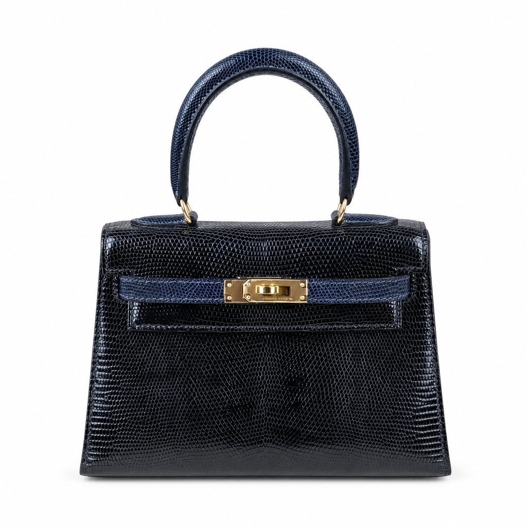 Kelly 20cm in blue lizard Leather Handmade — Structured Top-Handle Handbag