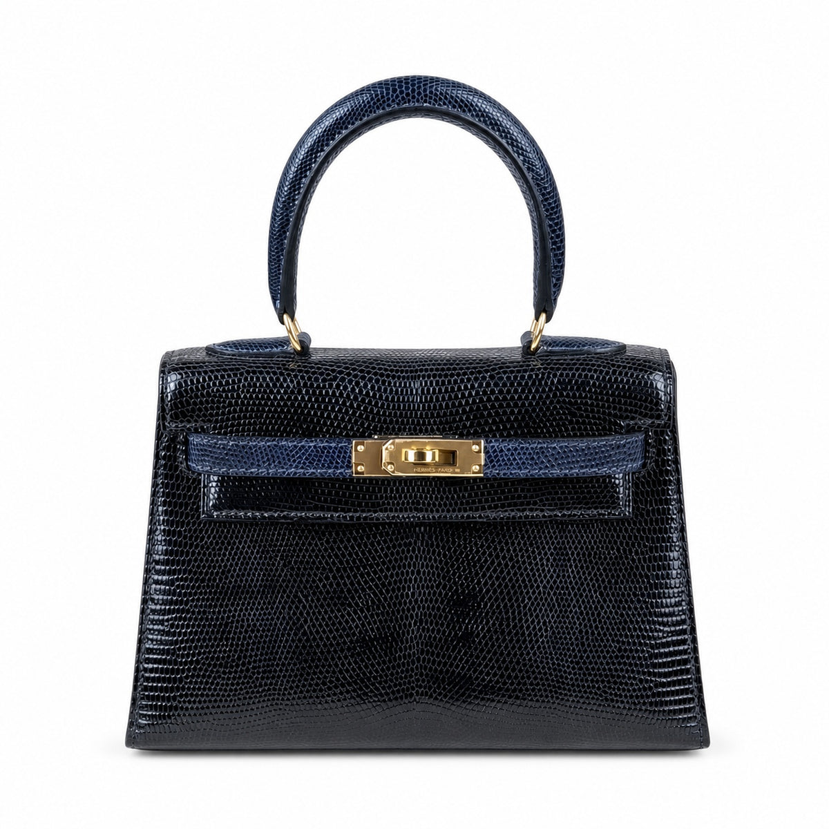 Kelly 20cm in blue lizard Leather Handmade — Structured Top-Handle Handbag