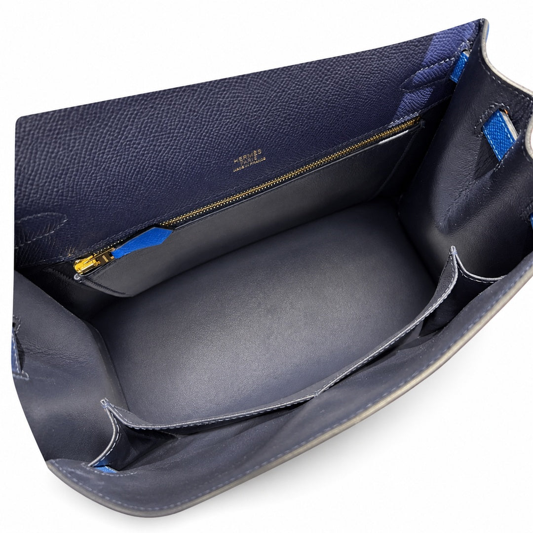 Kelly 28cm Epsom Leather 73 Bleu Saphir sapphire blue combined with 71 Bleu France French blue top handcraft — Refined Top-Handle Bag