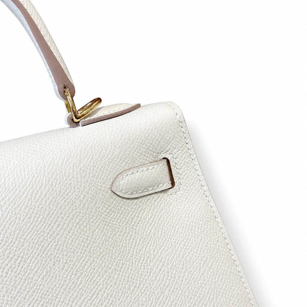 Kelly 25cm in Milkshake White Epsom Leather with Gold Buckle Handmade — Refined Top-Handle Bag