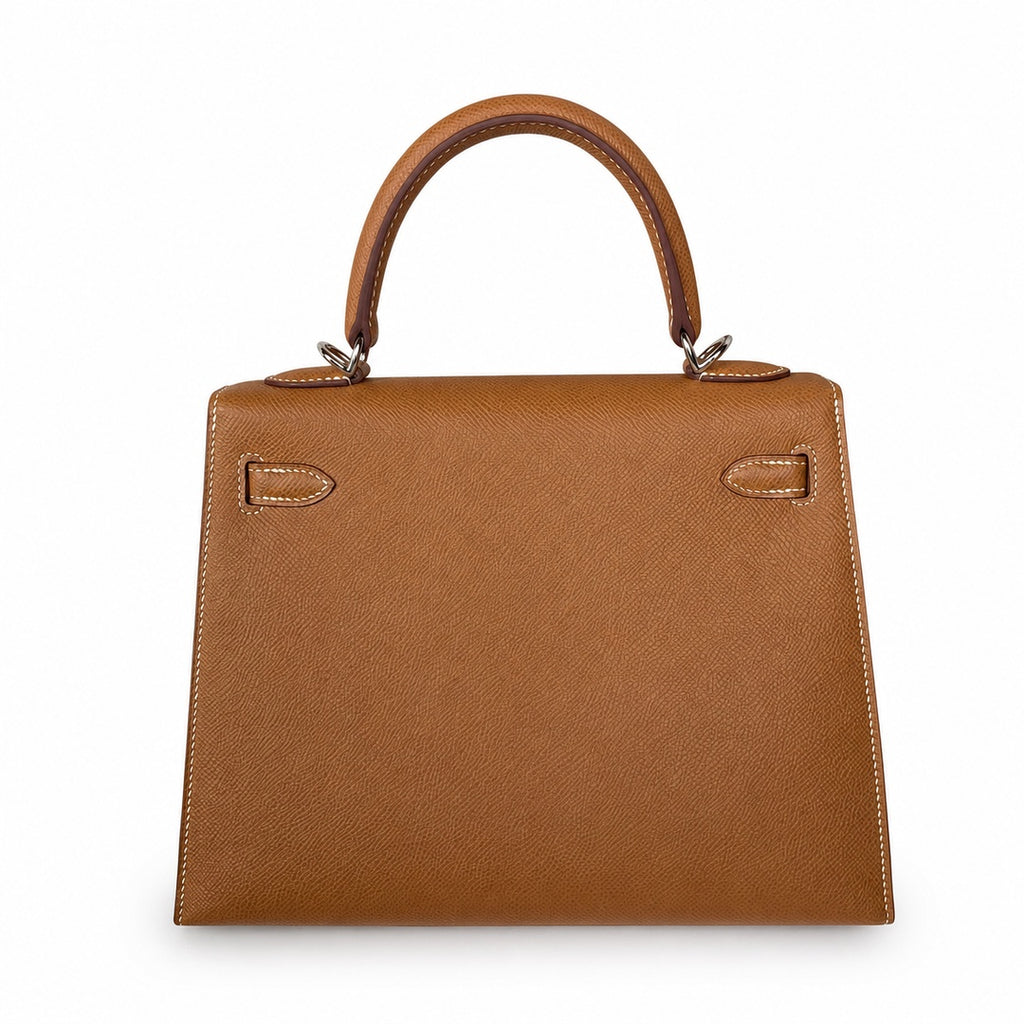 Sophisticated Carry Design: Kelly 25 Golden Brown Silver Buckle Epsom fully handmade wax thread