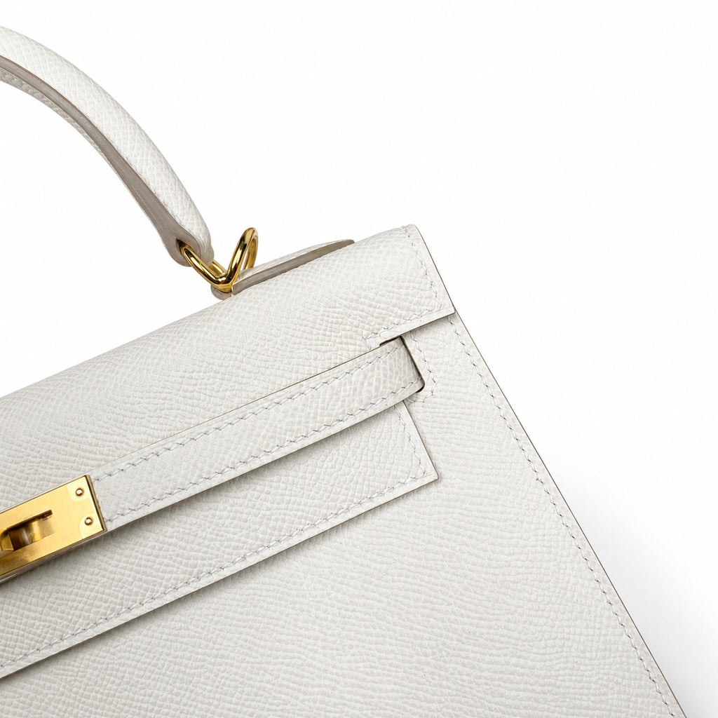 Kelly 25 Milkshake White Epsom Gold Buckle handmade with wax thread — Distinctive Hand-Carry Bag