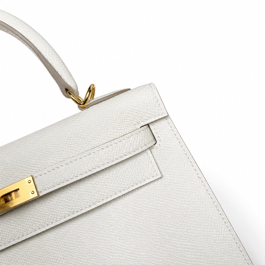 Kelly 25 Milkshake White Epsom Gold Buckle handmade with wax thread — Distinctive Hand-Carry Bag