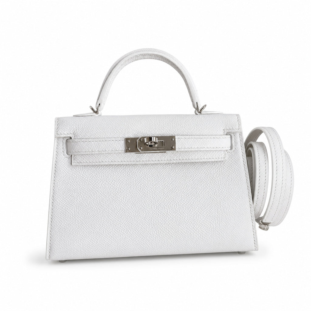 handmade Mini Kelly II 19cm imported Epsom Leather pure White Silver Buckle — Small Structured Carry Style