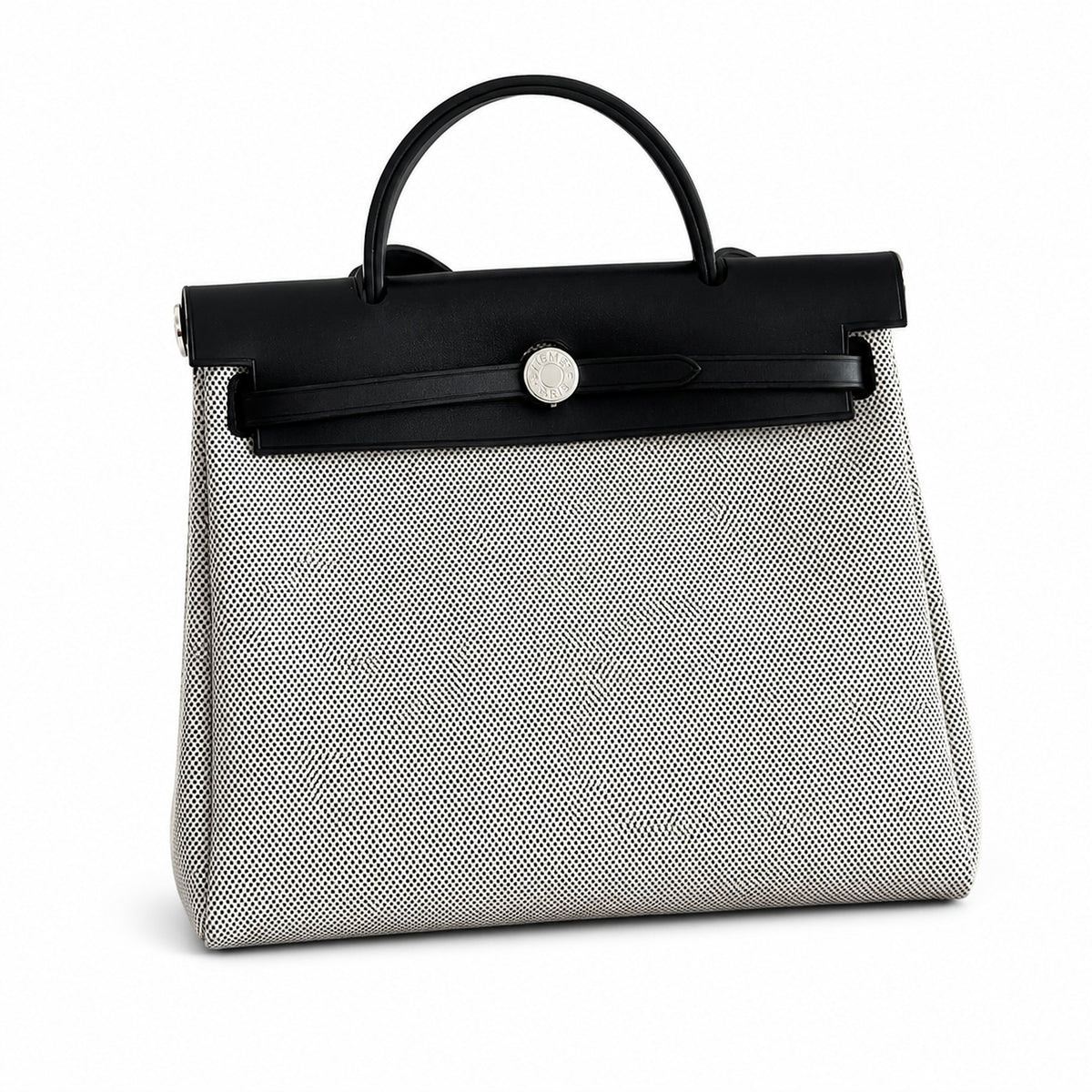 Herbag 31cm Saddle-Inspired Canvas Body with Leather Handle and Shoulder Strap — Elegant Canvas-and-Leather Bag