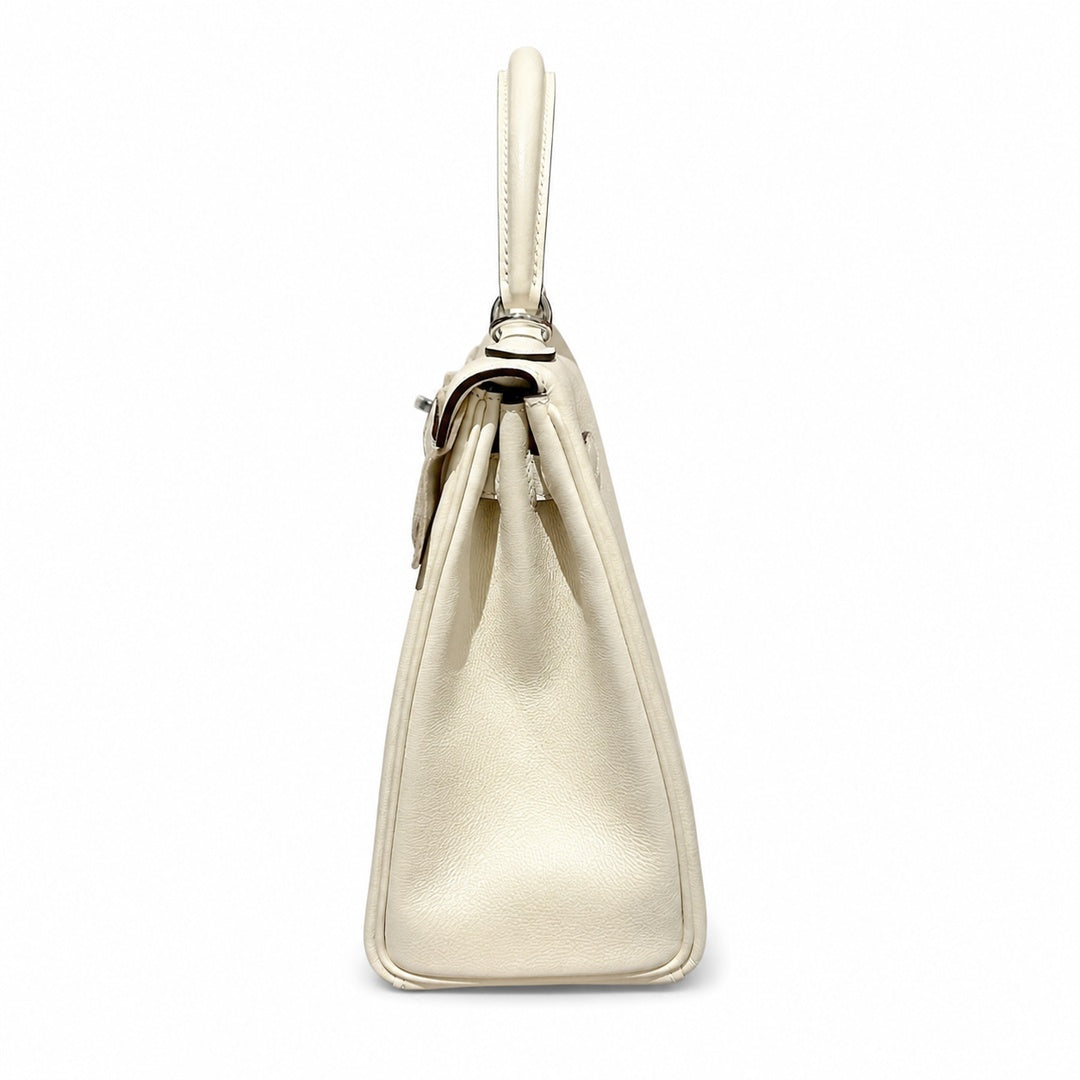 Kelly Graffiti 25cm in Nata Epsom Leather with Silver Buckle Handmade — Distinctive Hand-Carry Bag