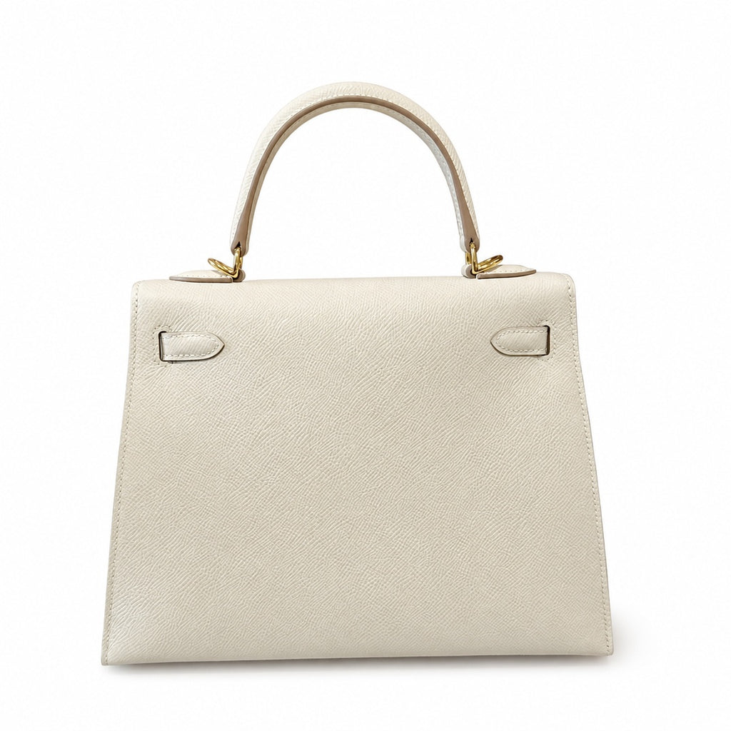 Kelly 25cm in Milkshake White Epsom Leather with Gold Buckle Handmade — Refined Top-Handle Bag
