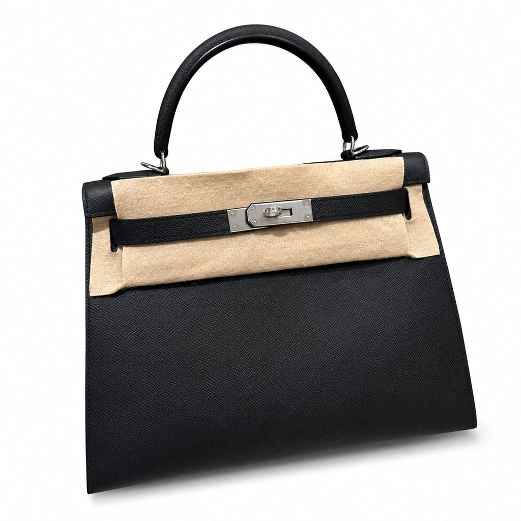 Timeless Top-Handle Design: Kelly 32cm in Black Epsom Leather with Silver Buckle Handmade