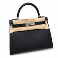 Timeless Top-Handle Design: Kelly 32cm in Black Epsom Leather with Silver Buckle Handmade