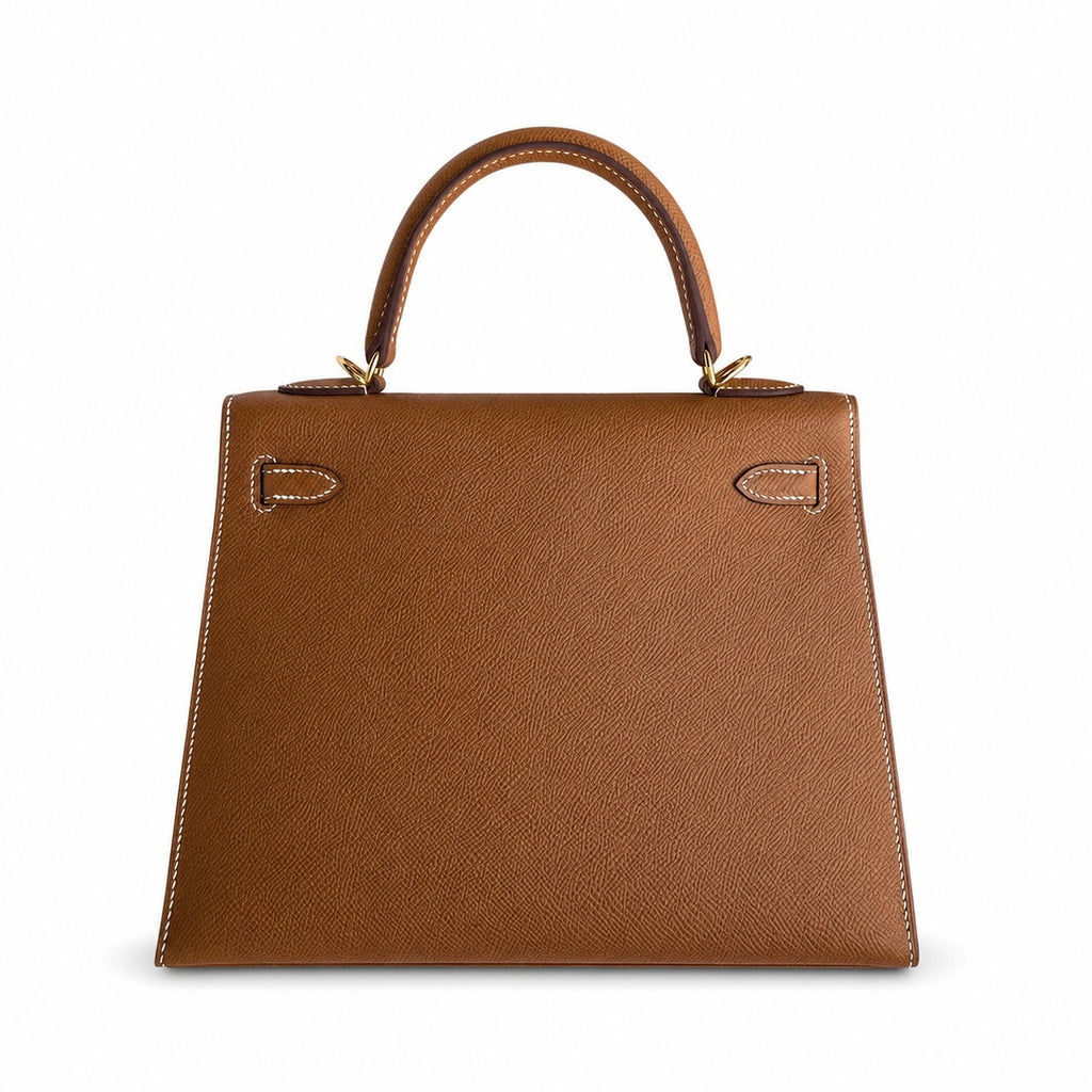 Kelly 25 Golden Brown Gold Buckle Epsom pure hand sewing wax thread — Streamlined Top-Handle Handbag