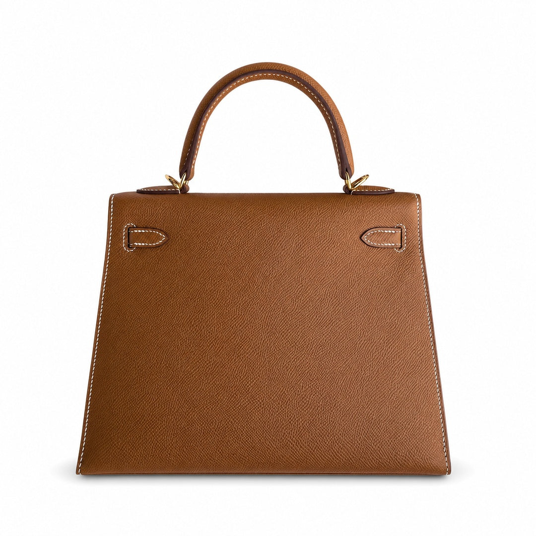 Kelly 25 Golden Brown Gold Buckle Epsom pure hand sewing wax thread — Streamlined Top-Handle Handbag