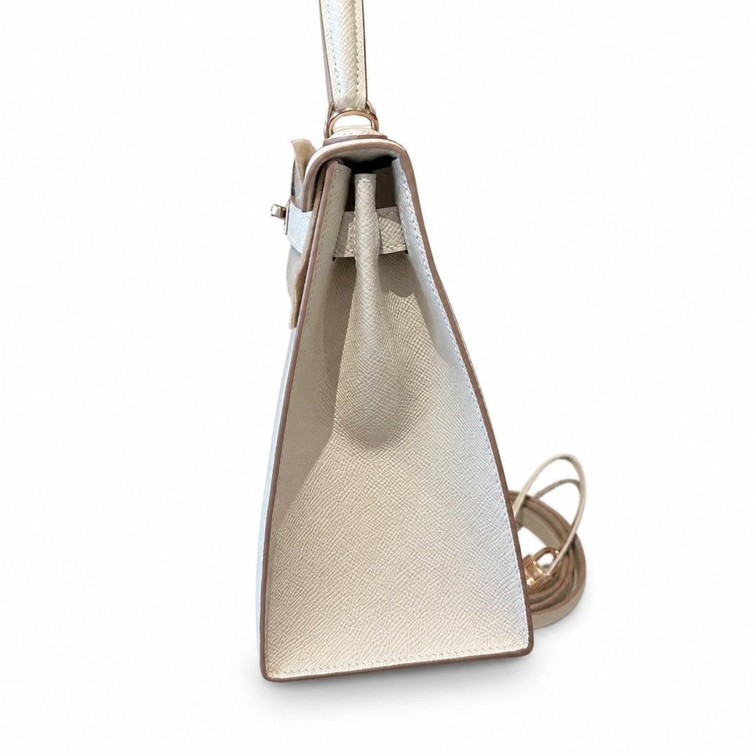 Kelly 28cm in Milkshake White Epsom Leather with Rose Gold Buckle Handmade — Polished Structured Handbag