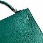 handmade Mini Kelly II 19cm imported Epsom Leather malachite green Silver Buckle — Compact Top-Handle Bag