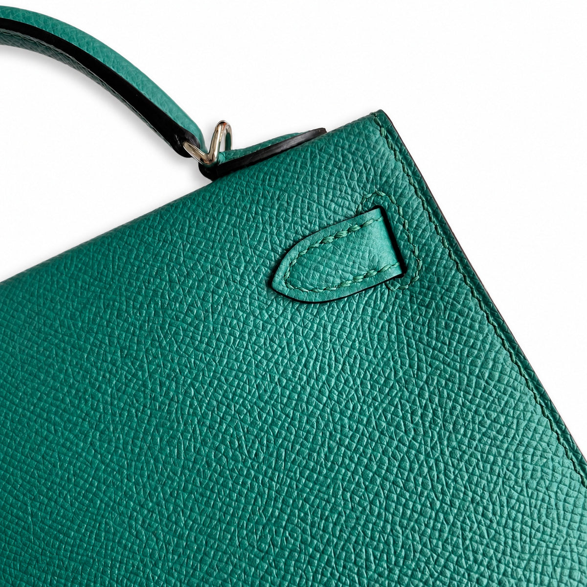 handmade Mini Kelly II 19cm imported Epsom Leather malachite green Silver Buckle — Compact Top-Handle Bag