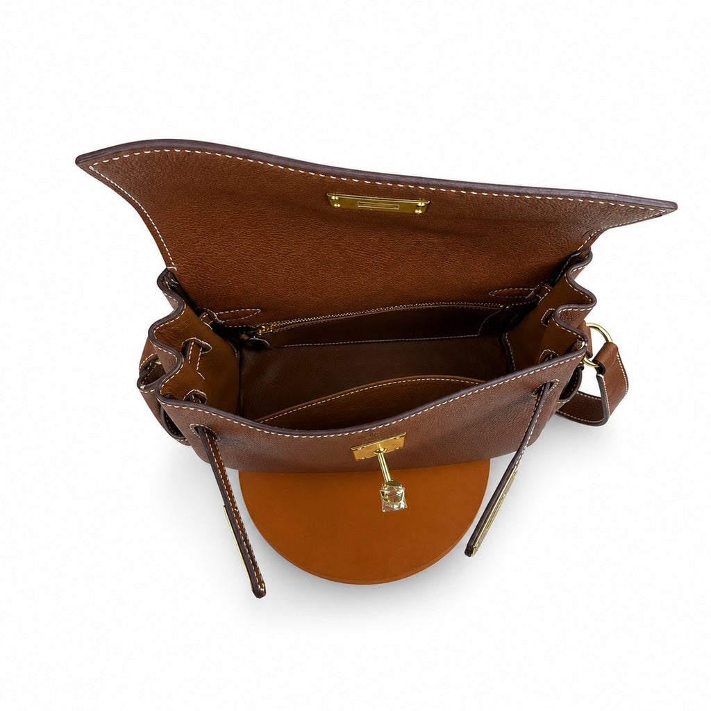 Kelly Messenger messenger bag for men and women, Fubao leather Gold Brown Gold Buckle, imported leather, all-steel hand-waxed thread, the highest — Versatile Structured Bag