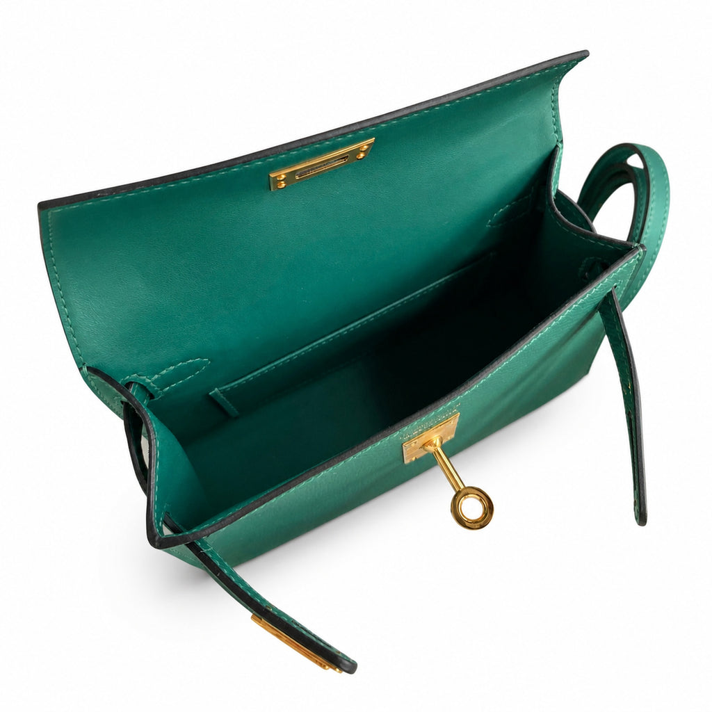 handmade Mini Kelly II 19cm imported Epsom Leather malachite green Gold Buckle — Polished Compact Handbag