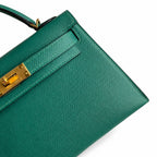 handmade Mini Kelly II 19cm imported Epsom Leather malachite green Gold Buckle — Polished Compact Handbag