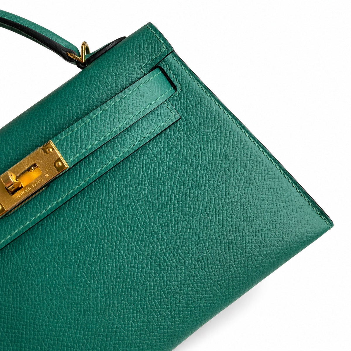 handmade Mini Kelly II 19cm imported Epsom Leather malachite green Gold Buckle — Polished Compact Handbag