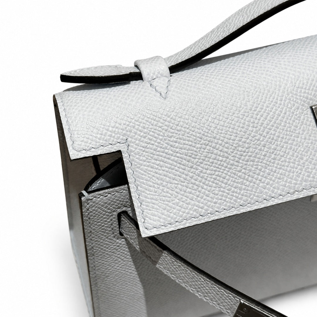 Mini Kelly 22cm in Bleu Brume Epsom Leather with Silver Buckle — Elegant Compact Carry Style