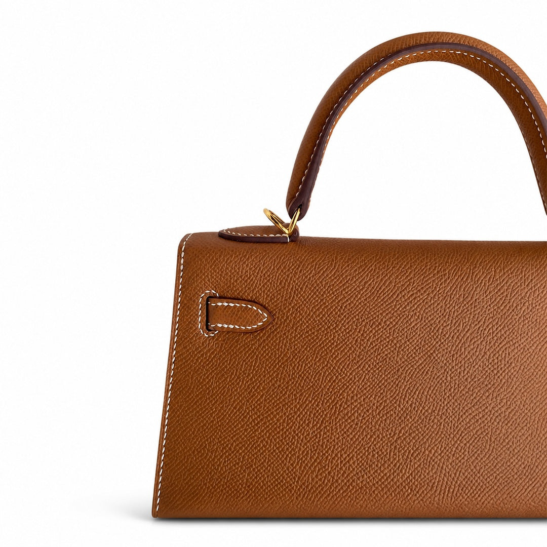 Kelly 25 Golden Brown Gold Buckle Epsom pure hand sewing wax thread — Streamlined Top-Handle Handbag