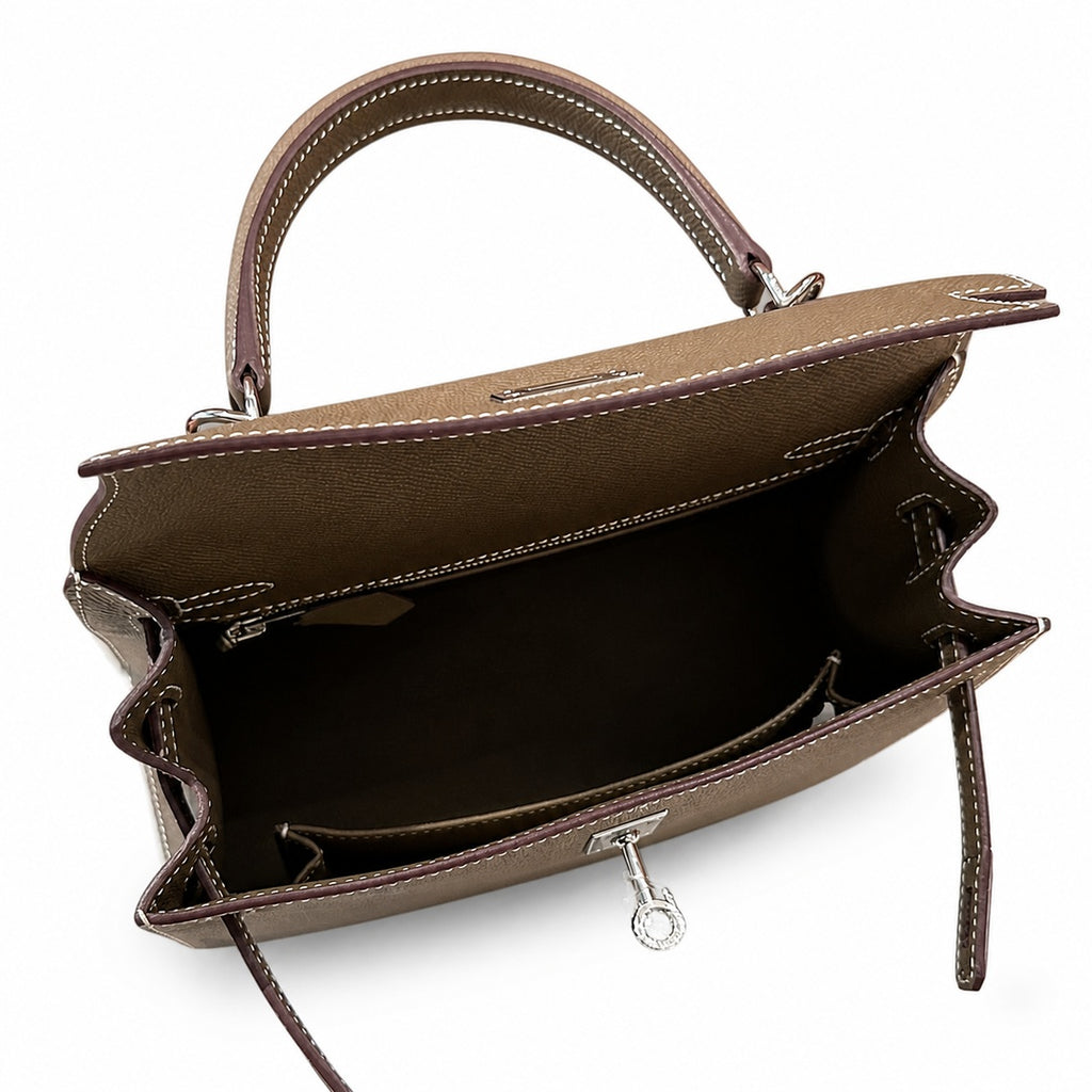 Kelly 25cm in Elephant Gray Epsom Leather with Silver Buckle Handmade — Distinctive Hand-Carry Bag