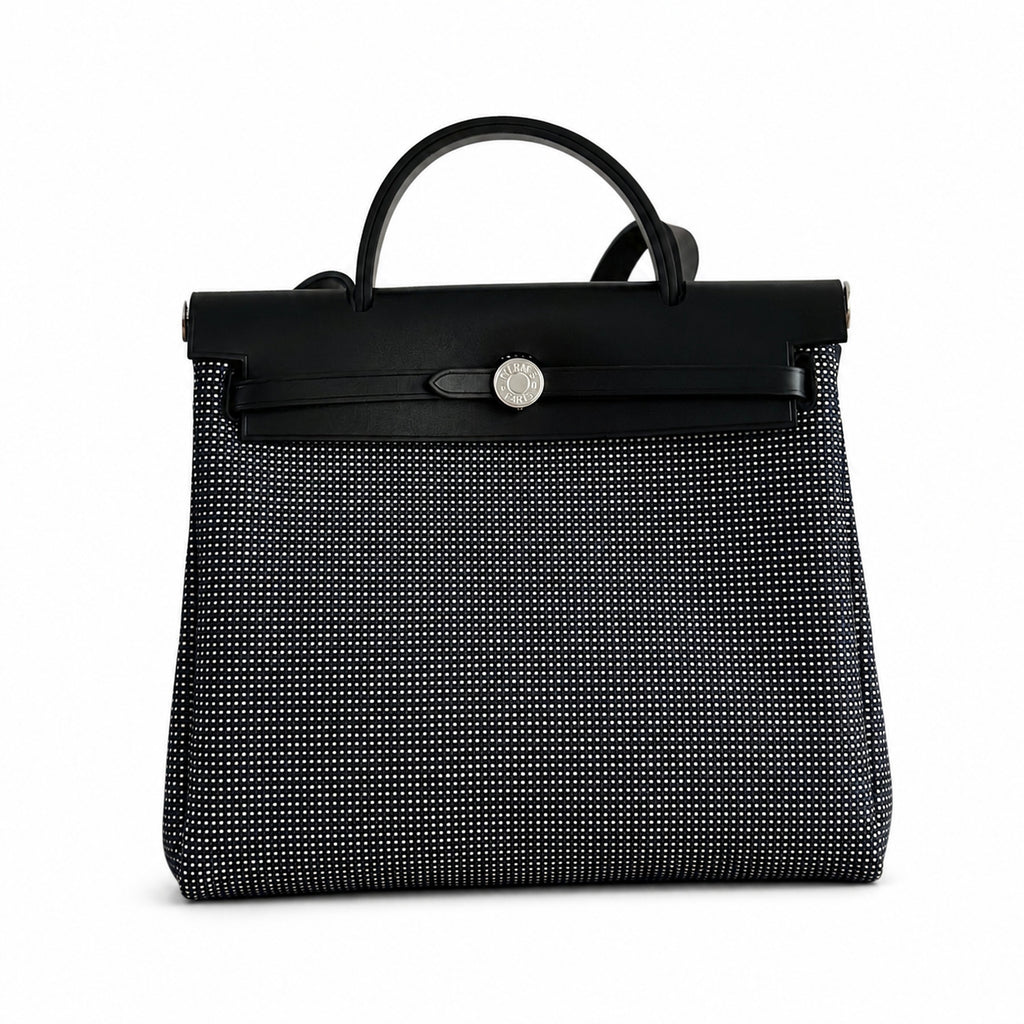Herbag 31cm Saddle-Inspired Canvas Body with Leather Handle and Shoulder Strap — Structured Canvas Shoulder Bag with Leather Trim