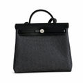 Herbag 31cm Saddle-Inspired Canvas Body with Leather Handle and Shoulder Strap — Structured Canvas Shoulder Bag with Leather Trim