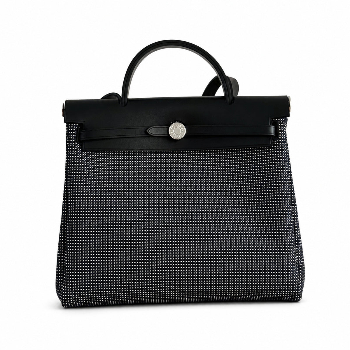 Herbag 31cm Saddle-Inspired Canvas Body with Leather Handle and Shoulder Strap — Structured Canvas Shoulder Bag with Leather Trim