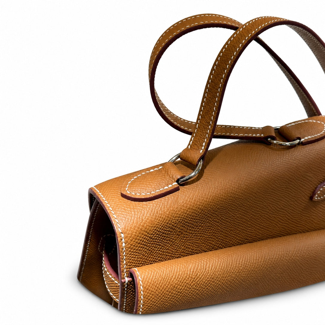 Kelly Double-Sided Epsom Leather in Gold Brown with Silver Buckle — Refined Reversible Carry Design